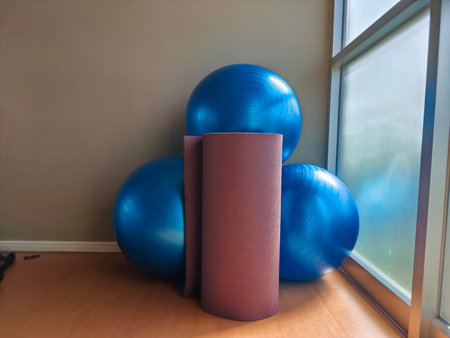 Yoga mat and yoga ball for fitness. A wellness concept.の写真素材