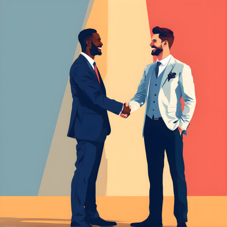 Two businessmen shaking hands. Vector illustration in retro pop art style.の素材