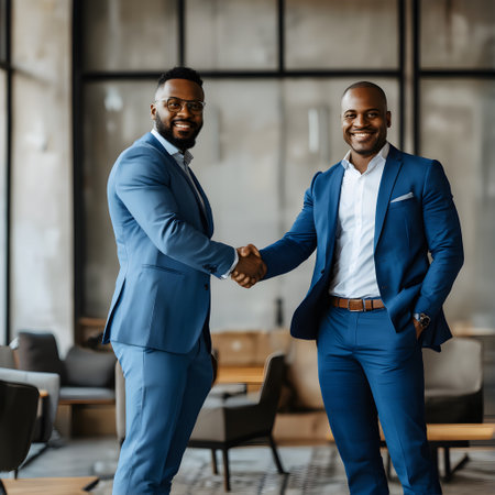 Cheerful african american businessman shaking hands with colleague in officeの素材
