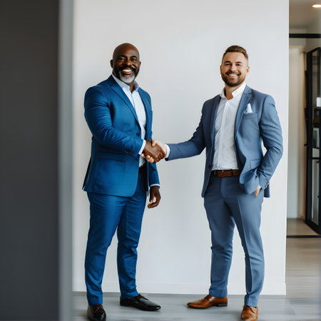 Two handsome African American businessmen shaking hands in the office.の素材