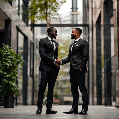 Two young businessmen in suits shaking hands, standing on the background of business centerの素材