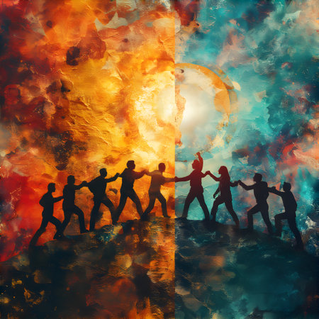 Group of dancing people in front of a keyhole with space for textの素材