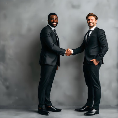Two young businessmen shaking hands on gray background. Successful business conceptの素材