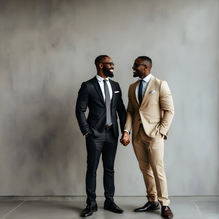 Two African American businessmen in suits standing back to back and looking at each otherの素材