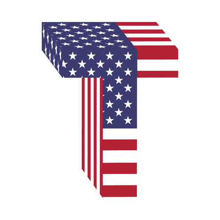 Letter T from 3d with American flag texture wrapped. Volume USA fontのイラスト素材