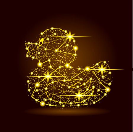 Duck light star burst polygonal lines and firework yellow detailed illustration isolated on black backdrop.のイラスト素材