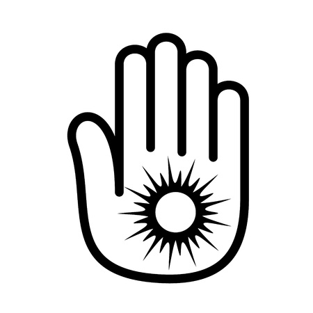 Hand sun shining palm open icon. Outline illustration of hand open palm with sun shining number open vector illustration for print or web design.のイラスト素材