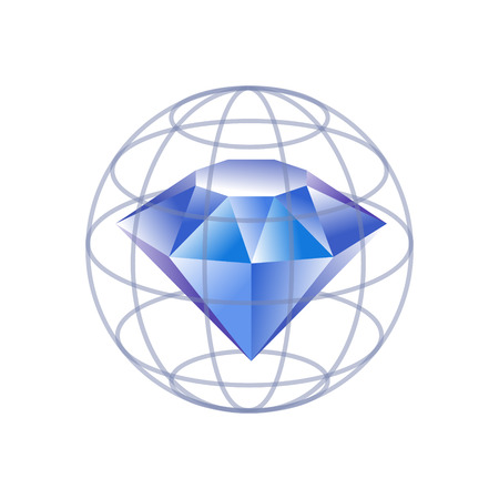 Diamond globe logo. Blue crystal symbol isolated on white bakground. Jewelry shop sign. Realistic vector illustration of diamond inside globe for print or web design.のイラスト素材