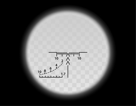 View through the optical sight scale. Military weapon view vector illustration. Circle frame with blurred edge of transparent lense. Graduated reticle cross hair measuring range finder.のイラスト素材