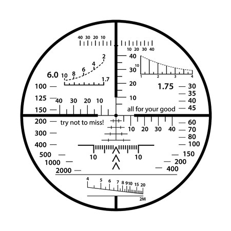 Optical sight crazy scale set. Sniper weapon view vector illustration. Military fun circle frame with blurred edge of transparent lense. Graduated reticle cross hair measuring range finder.