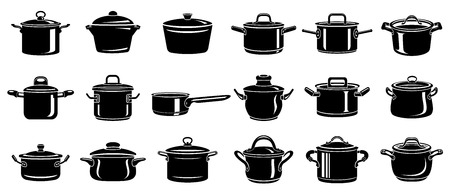 Frying hot saucepan cook pan icons set. Simple illustration of frying hot saucepan cook pan vector icons for webのイラスト素材