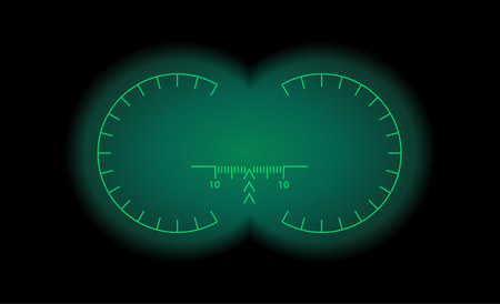 View through the optical sight scale. Night vision style of military weapon view vector illustration. Circle frame of transparent lense. Graduated reticle cross hair measuring range finder.のイラスト素材