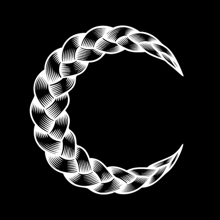 Pigtail moon symbol on night sky. Simple white beautiful hair curly wavy. Swirl flow detailed wave. Isolated lines plaited in pigtail. Vector illustration for print or web design.のイラスト素材