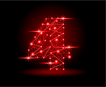 4 letter from futuristic polygonal lines and sparkles with space stars. Red vector illustration on black background for card or web design.のイラスト素材