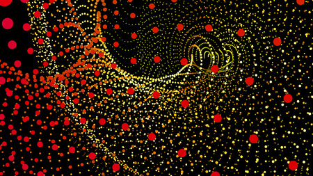3d sea dots wave glowing stream. Flow from dynamic particles. Chain of nodes. Array surface isolated on black background. Colorful lights of intersections sparkles. Beautiful vector abstract shapes.のイラスト素材
