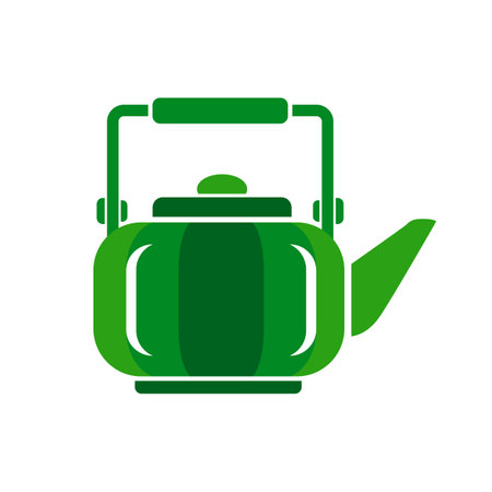 Teapot steel vector icon flat style. Green kettle on isolated background. Warm comfort in your home. Vigorous start of the morning.のイラスト素材