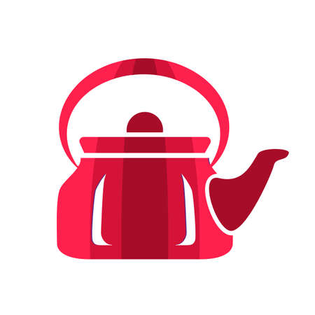 Teapot steel vector icon flat style. Red kettle on isolated background. Warm comfort in your home. Vigorous start of the morning.のイラスト素材