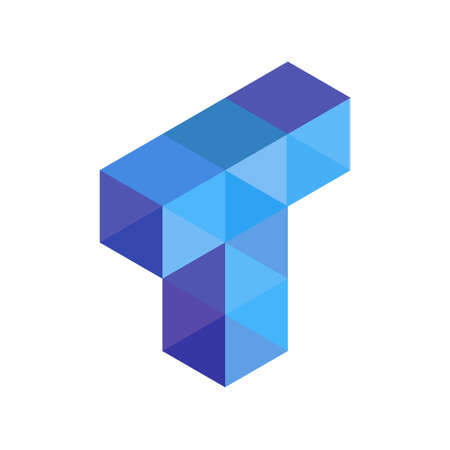 T letter symbol. Cubes lined up in space. constructive from cubic forms, Structure of connected planes. Rows forming a line. Guessing the isometric shape. Hexagonal riddle angle view.のイラスト素材