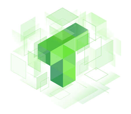 T letter symbol. Cubes lined up in space. constructive from cubic forms, Structure of connected planes. Rows forming a line. Guessing the isometric shape. Hexagonal riddle angle view.のイラスト素材