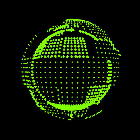 Exploding sphere. A star flashed like a grenade. The planet is assembled from panels. A satellite of the technological era. The original logo. Vector icon for a bright cover page.のイラスト素材