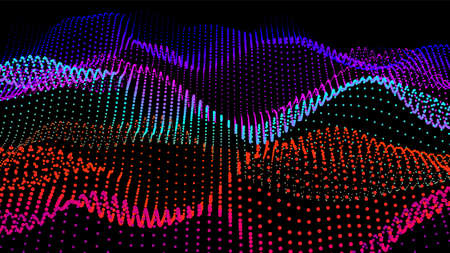 Abstract digital landscape with flowing particles. Cyber or technology background. Vector illustration of sience motion sound wave. Geometric structure from circles.のイラスト素材