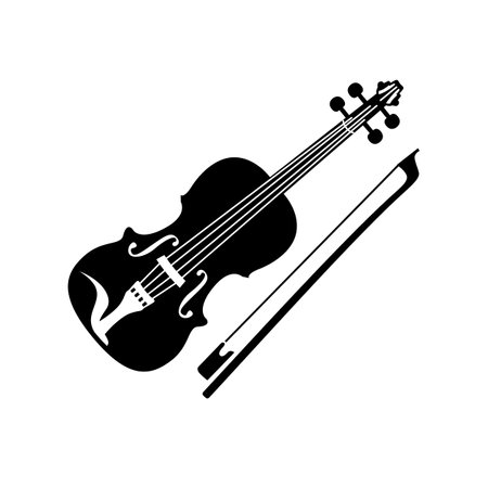 Violin with a bow simple style black detailed logo icon vector illustration isolated. Musical instrument for concerts, playing and orchestra..のイラスト素材