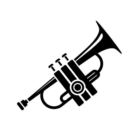 Trumpet brass instrument simple style black detailed logo icon vector illustration isolated. Musical device for concerts, playing and orchestra.のイラスト素材