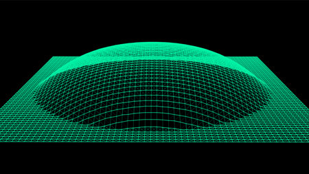 Bubble swelling as mountain. Hill, spherical protrusion. Hemisphere from dots.. Particle points dimension sound wave. Part of sphere effect polar hill globe surface. Big data flow calculation.のイラスト素材