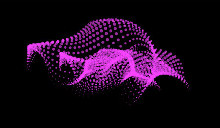 3d dynamic node of big data dots science. Wave infinity sinusoid line from particles. Swirl hill electric neon bulge explosion. Vibrate waveform background. Flower research science net drip.のイラスト素材