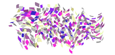 Scattered square particles ornament. Mosaic flight wind. Windy destroyed cell wall. Flight colored tiles flock direction stream.Leaf fall conditional parts single whole. Crash curved colored surface.のイラスト素材