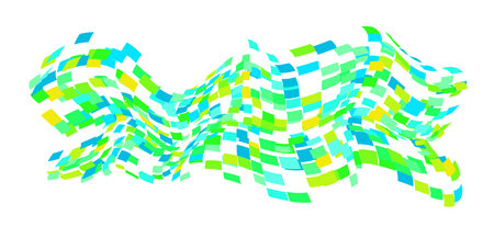 Scattered square particles ornament. Mosaic flight wind. Windy destroyed cell wall. Flight colored tiles flock direction stream.Leaf fall conditional parts single whole. Crash curved colored surface.のイラスト素材