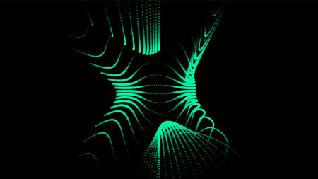 Groups of explosions and bursts of energy. Scattering galaxies, universes and stars. Gravitation curves trajectories. Sea of information. Net point forms space power fabric. Light receding surface.のイラスト素材