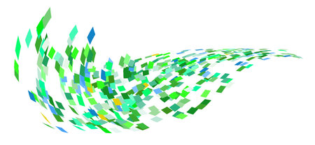 Scattered square particles ornament. Mosaic flight wind. Windy destroyed cell wall. Flight colored tiles flock direction stream.Leaf fall conditional parts single whole. Crash curved colored surface.のイラスト素材
