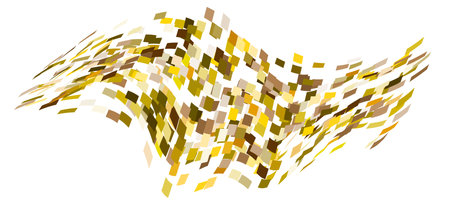 Scattered square particles ornament. Mosaic flight wind. Windy destroyed cell wall. Flight colored tiles flock direction stream.Leaf fall conditional parts single whole. Crash curved colored surface.のイラスト素材