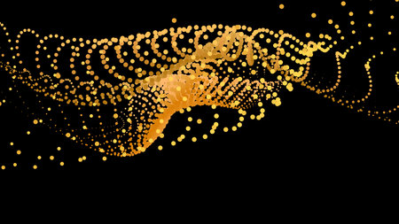 Data vibrate pulse dot particle wave. Abstract bulge hyperbola sinusoid. Infinity transition gradation 3d waveform background. Black gold gig.のイラスト素材