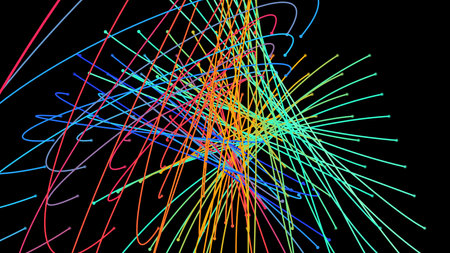 Crossing light beams. Energy flow Laser lines. Neon plexus knots. Curved guide path in space of...