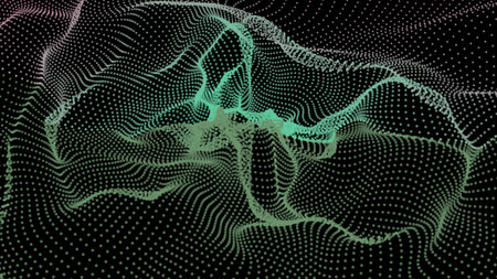Energy net flows. Dot particle lines penetrating fog. Neon lights plexus of knots. Curved node row space infinity. Linking funnel universe parameter. Background information technology presentation.のイラスト素材