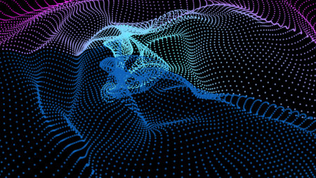 Energy net flows. Dot particle lines penetrating fog. Neon lights plexus of knots. Curved node row space infinity. Linking funnel universe parameter. Background information technology presentation.のイラスト素材