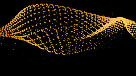 Data vibrate pulse dot particle wave. Abstract bulge hyperbola sinusoid. Infinity transition gradation 3d waveform background. Black gold gig.のイラスト素材