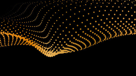 Data vibrate pulse dot particle wave. Abstract bulge hyperbola sinusoid. Infinity transition gradation 3d waveform background. Black gold gig.のイラスト素材