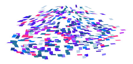 Scattered square particles ornament. Mosaic flight wind. Windy destroyed cell wall. Flight colored tiles flock direction stream.Leaf fall conditional parts single whole. Crash curved colored surface.のイラスト素材