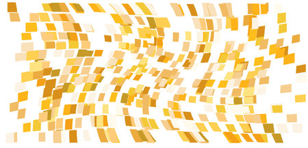 Scattered square particles ornament. Mosaic flight wind. Windy destroyed cell wall. Flight colored tiles flock direction stream.Leaf fall conditional parts single whole. Crash curved colored surface.のイラスト素材