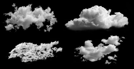 A set of high-quality textured raster clouds, cropped on a black background. Projection pictures of monochromatic contrast. Suitable for collage and cloud design.の写真素材
