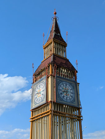 Big Ben tower as a scale model of a building of Houses of Parliament and Westminster pier. An...