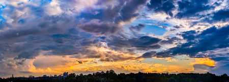 The yellow and orange shadows of sunset clouds. Dramatic high-altitude backdrops of gloomy purple...