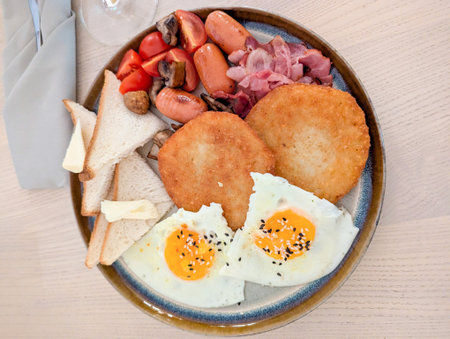 Fried Egg and Bacon on plate for breakfast and cup of coffee on wooden background, copy space. Keto breakfast with egg, vegetables and bacon top view.の写真素材
