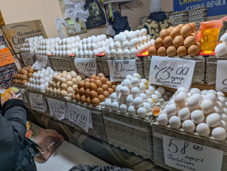 Egg with price tags on the counter. Market day. Protein products from various manufacturers. Large double-yolk eggs. Nutritious protein and micronutrients for delicious and healthy home cooking.の写真素材
