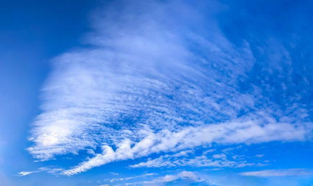 A group of clouds in the form of a wide panorama. Blue background with cirrus fan on blur gradient. Violet Sky with Cloud Summer Spring Nature Light on Beautiful Natural sky cold Backdrop.の写真素材
