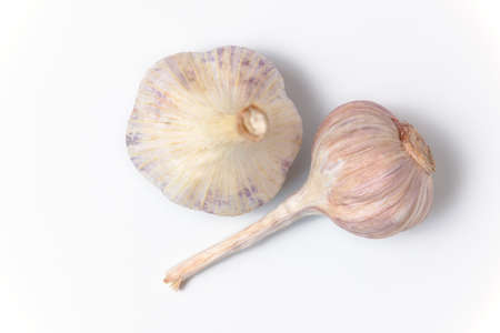Two fresh garlic lies on a white background. close up view.の写真素材