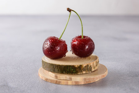 Two cherries in drops of water on three wooden slices. Light gray background, ?lose-up.の写真素材